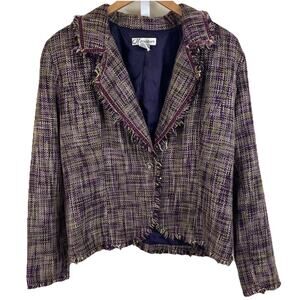 Y2K Tweed Boucle Blazer Womens L Large Fringe Trim Purple Whimsigoth Academia